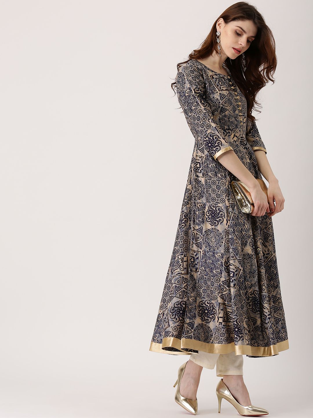 Libas Women Navy Blue & Beige Printed Anarkali Kurta