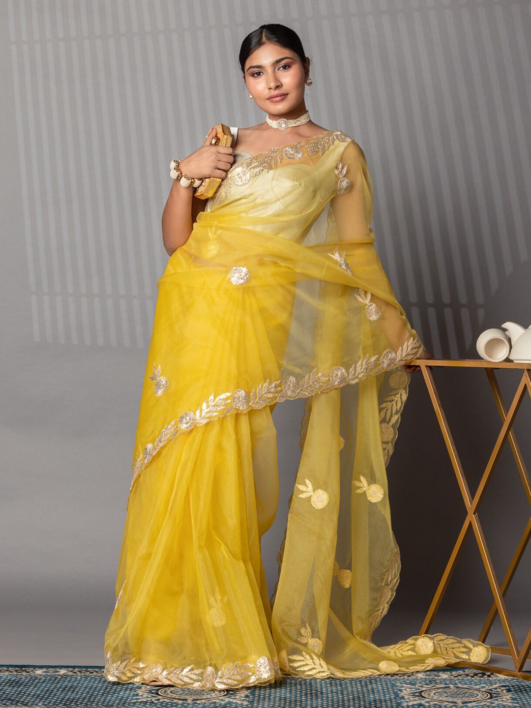ZARI Foil Printed Embroidered Organza Saree With unstitched blouse piece