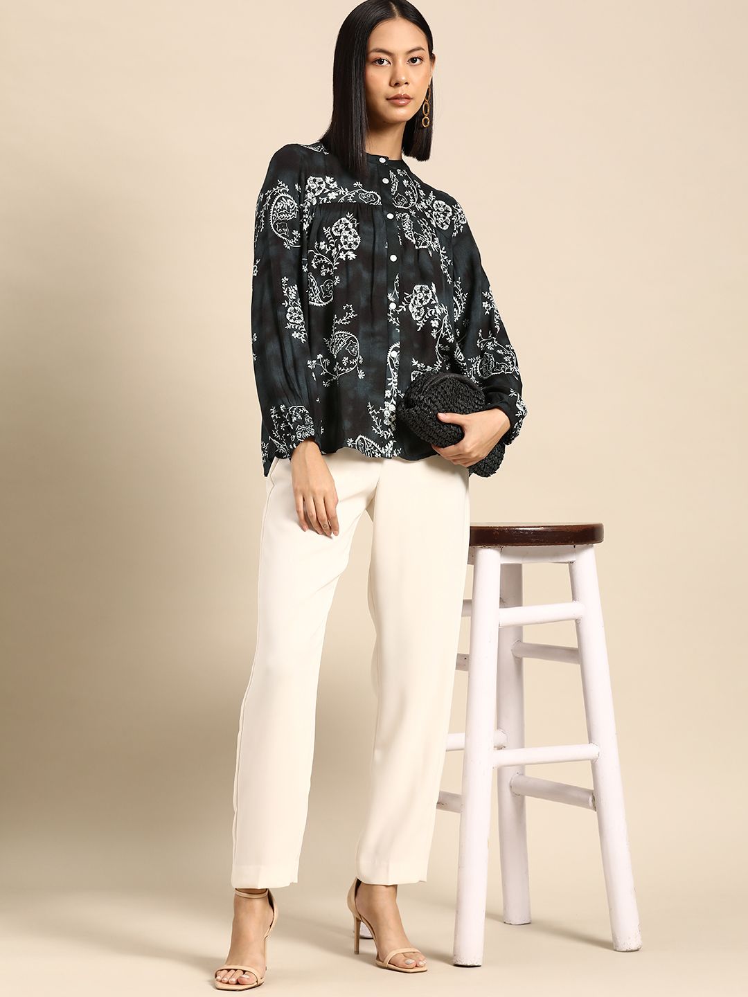 all about you Floral Print Mandarin Collar Puff Sleeves Longline Top Price in India