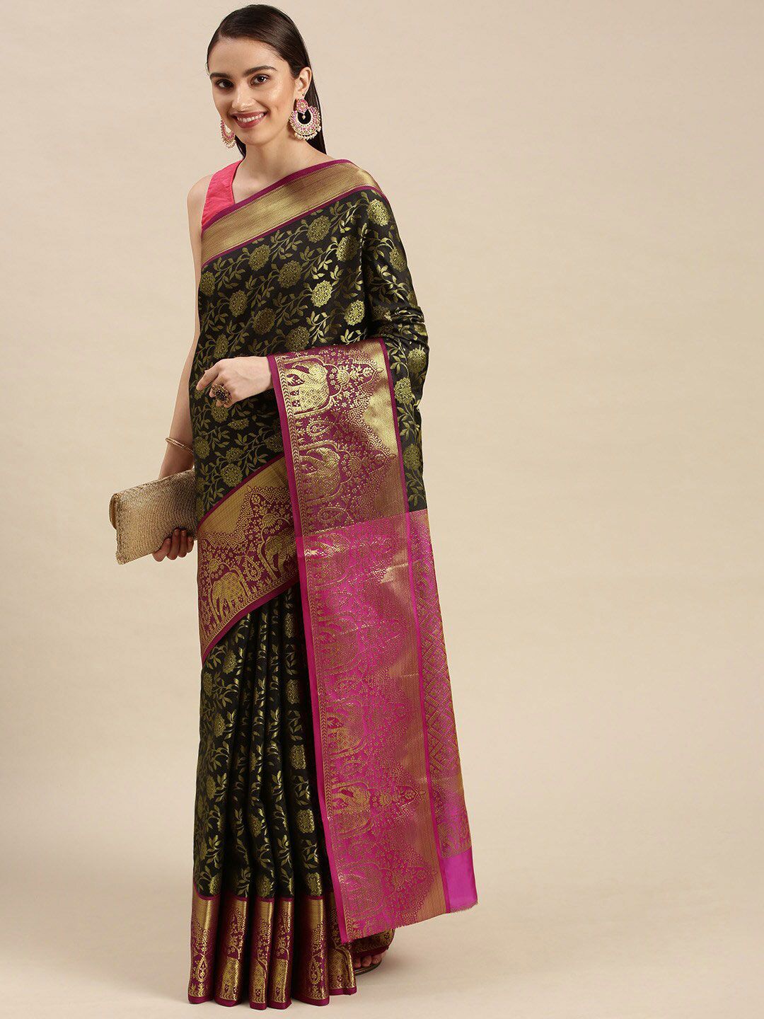Anaita Black & Pink Woven Design Zari Pure Silk Banarasi Saree Price in India