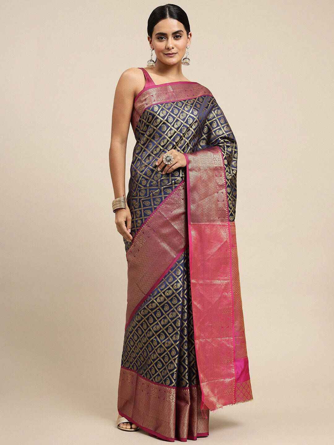 Anaita Navy Blue & Pink Woven Design Zari Pure Silk Banarasi Saree Price in India