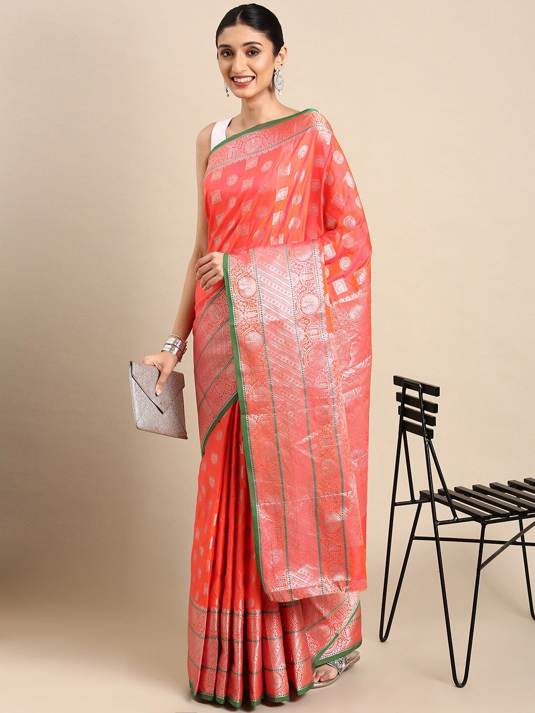 Anaita Orange & Silver-Toned Woven Design Zari Pure Silk Banarasi Saree Price in India