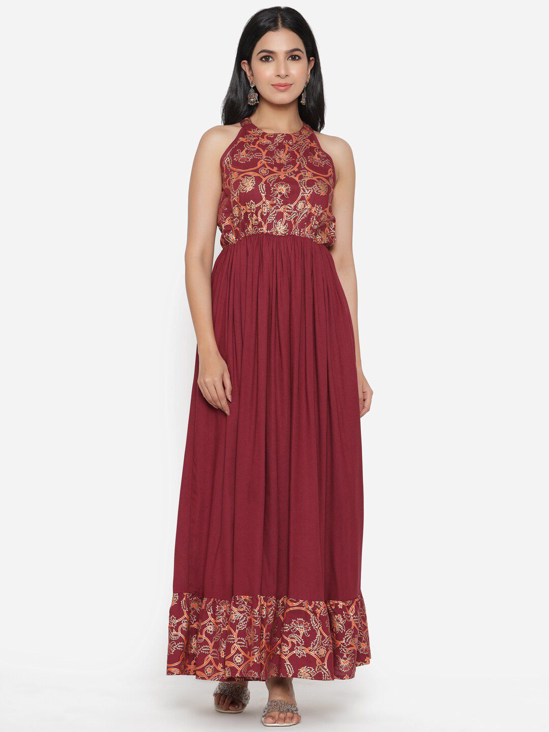 DK FAB Halter Neck Gathers Floral Printed Maxi Dress