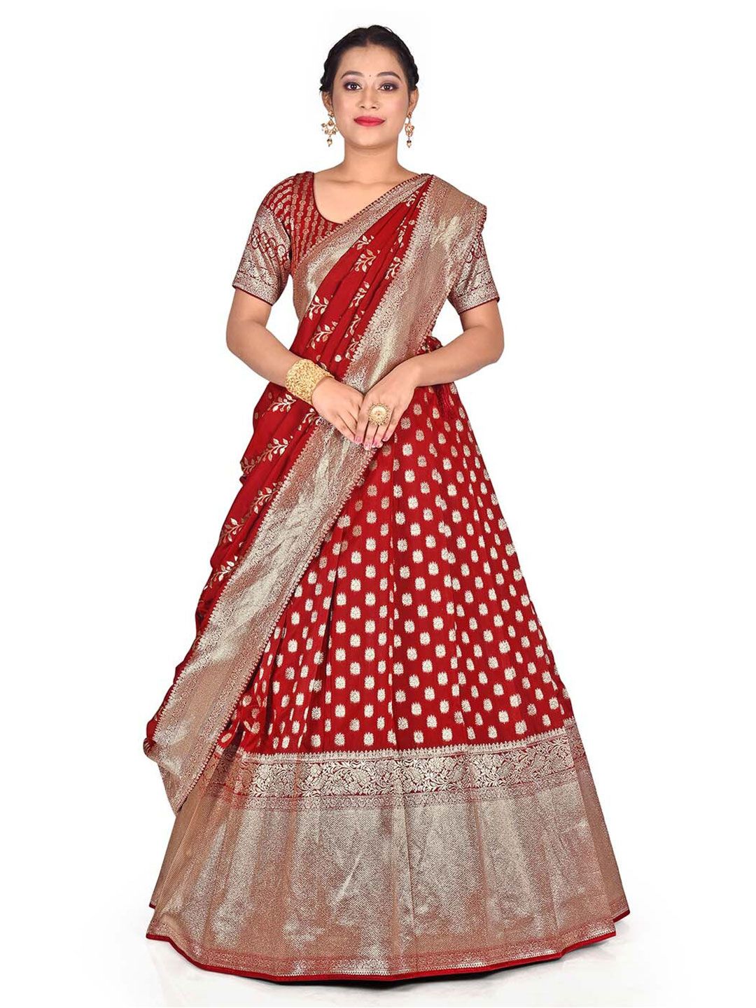 HALFSAREE STUDIO Maroon & Gold-Toned Semi-Stitched Lehenga & Unstitched Blouse With Dupatta Price in India