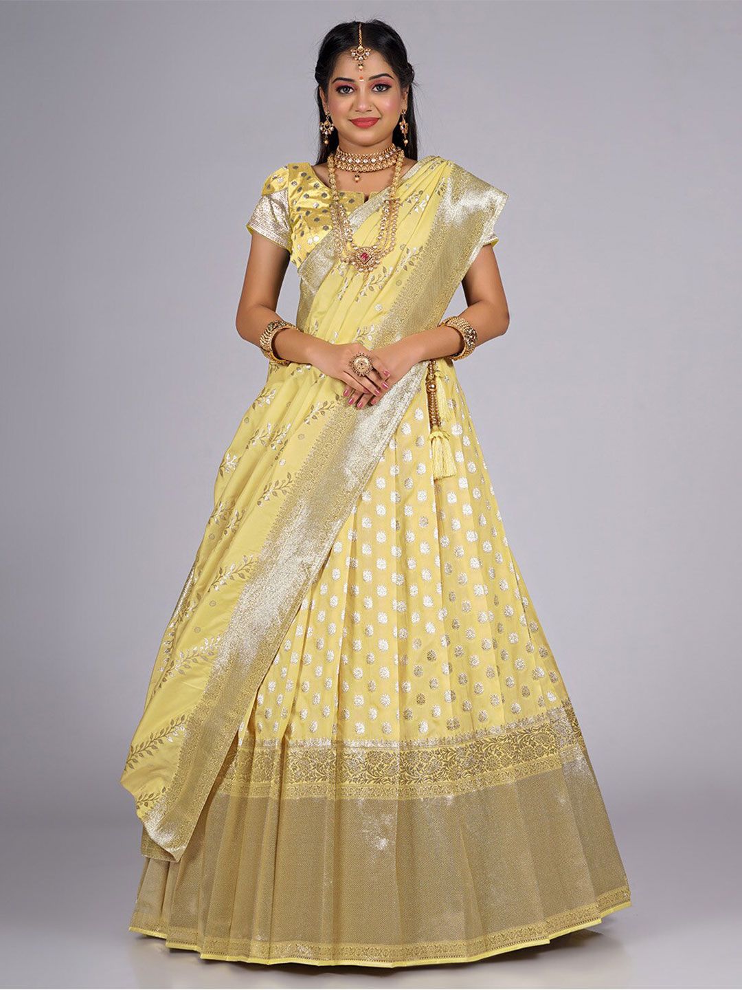 HALFSAREE STUDIO Yellow & Silver-Toned Semi-Stitched Lehenga & Unstitched Blouse With Dupatta Price in India