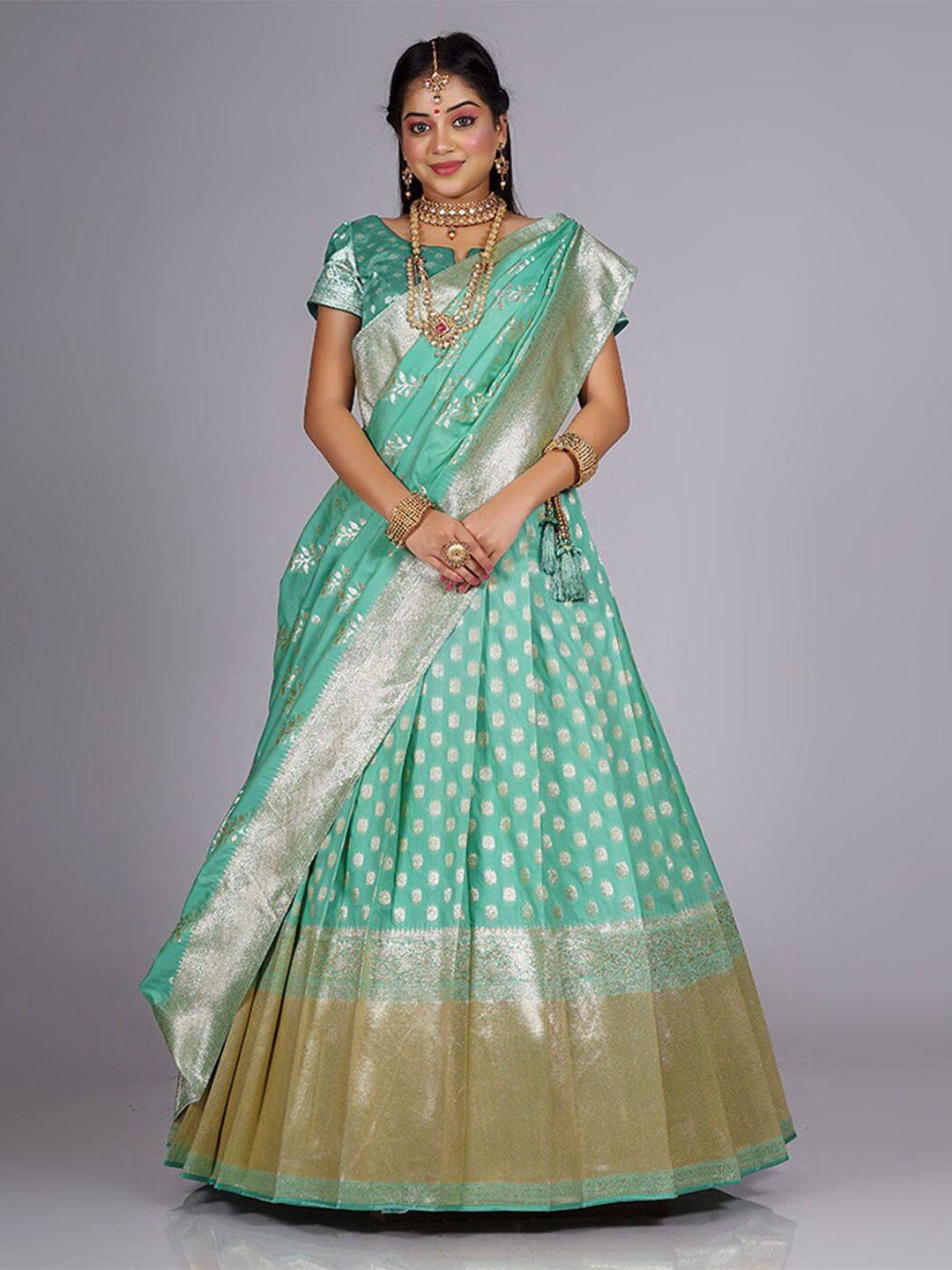 HALFSAREE STUDIO Blue & Gold-Toned Semi-Stitched Lehenga & Unstitched Blouse With Dupatta Price in India