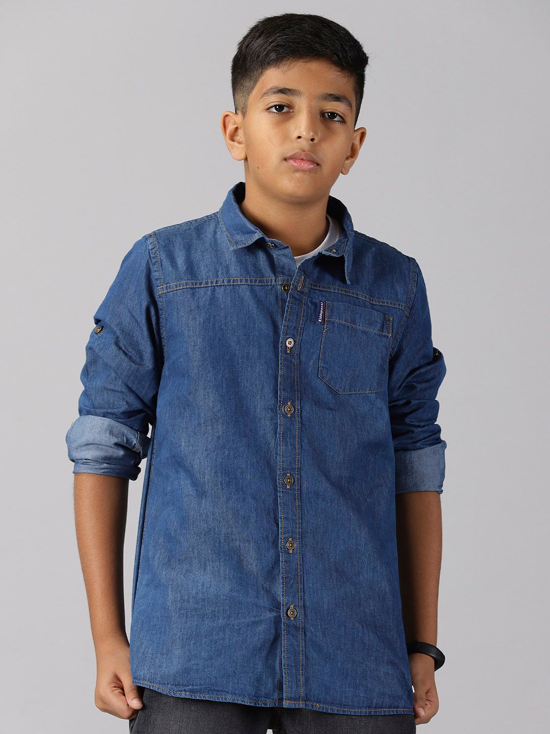 KiddoPanti Boys Spread Collar Long Sleeve Denim Casual Shirt