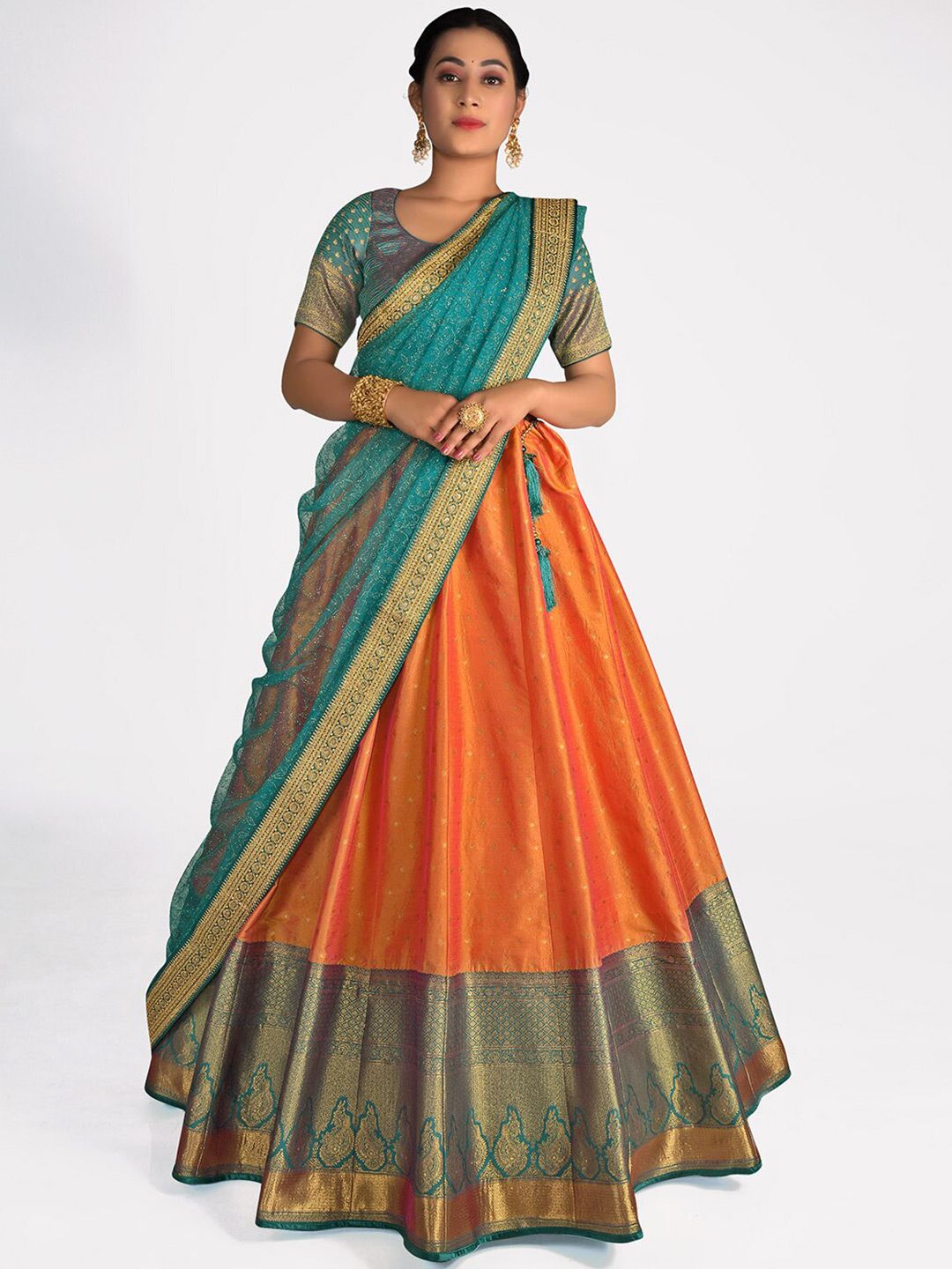 HALFSAREE STUDIO Green & Orange Semi-Stitched Lehenga & Unstitched Blouse With Dupatta Price in India