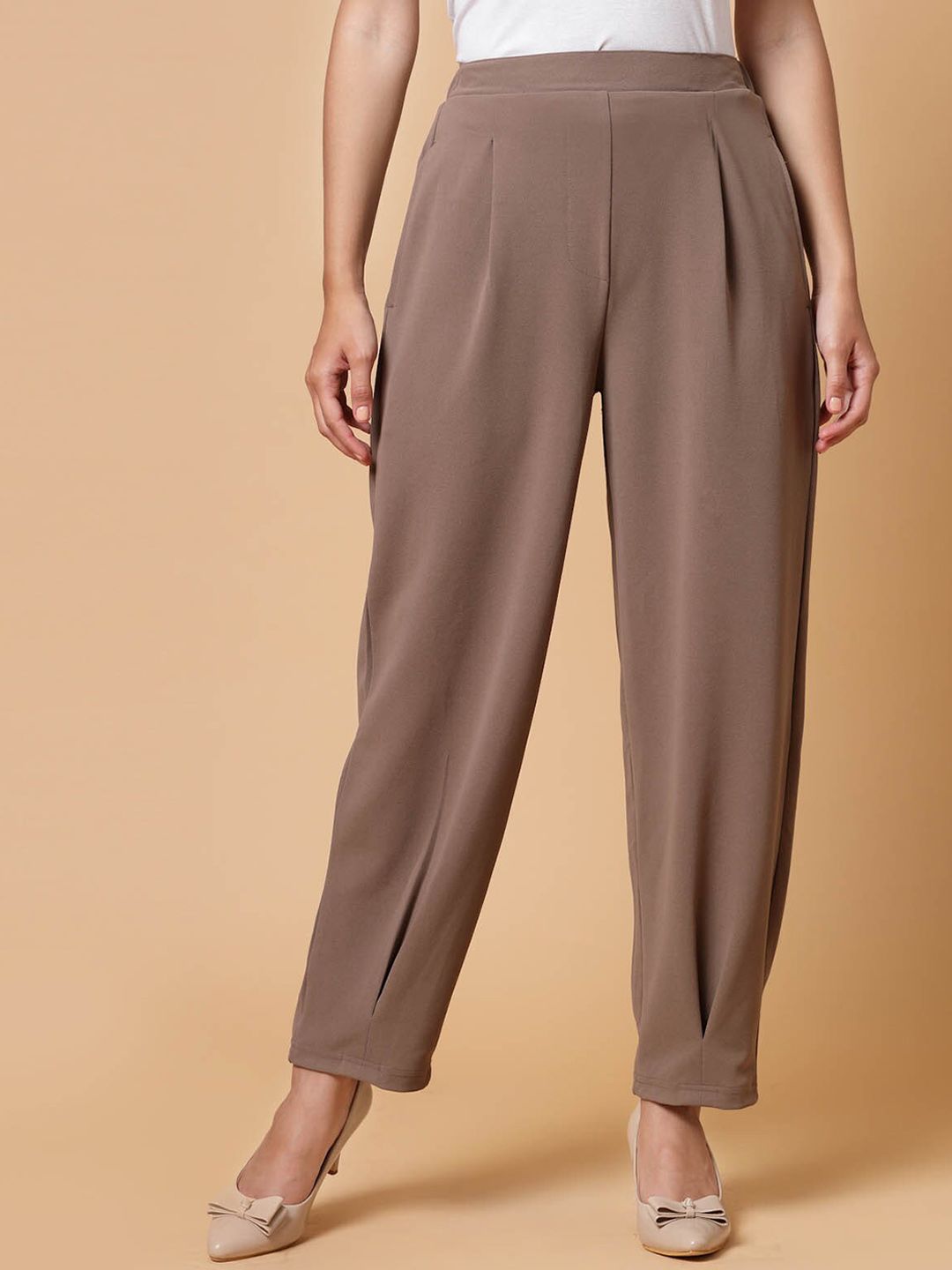 plusS Women Brown Solid Pleated Trousers Price in India