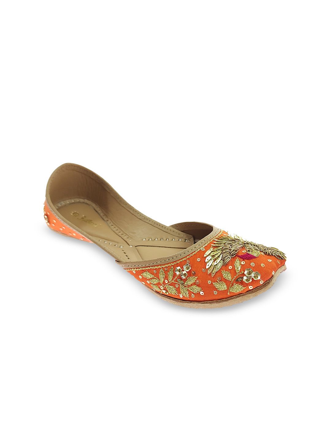 Fulkari Women Orange Ethnic Mojaris Flats Price in India