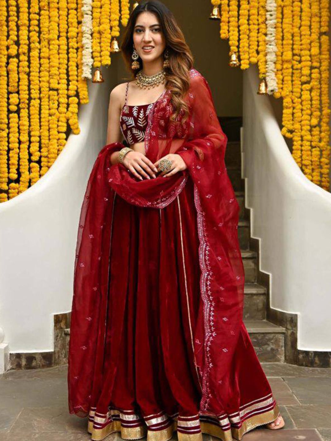 BLACK SCISSOR Maroon & Gold-Toned Embellished Ready to Wear Lehenga & Blouse With Dupatta Price in India
