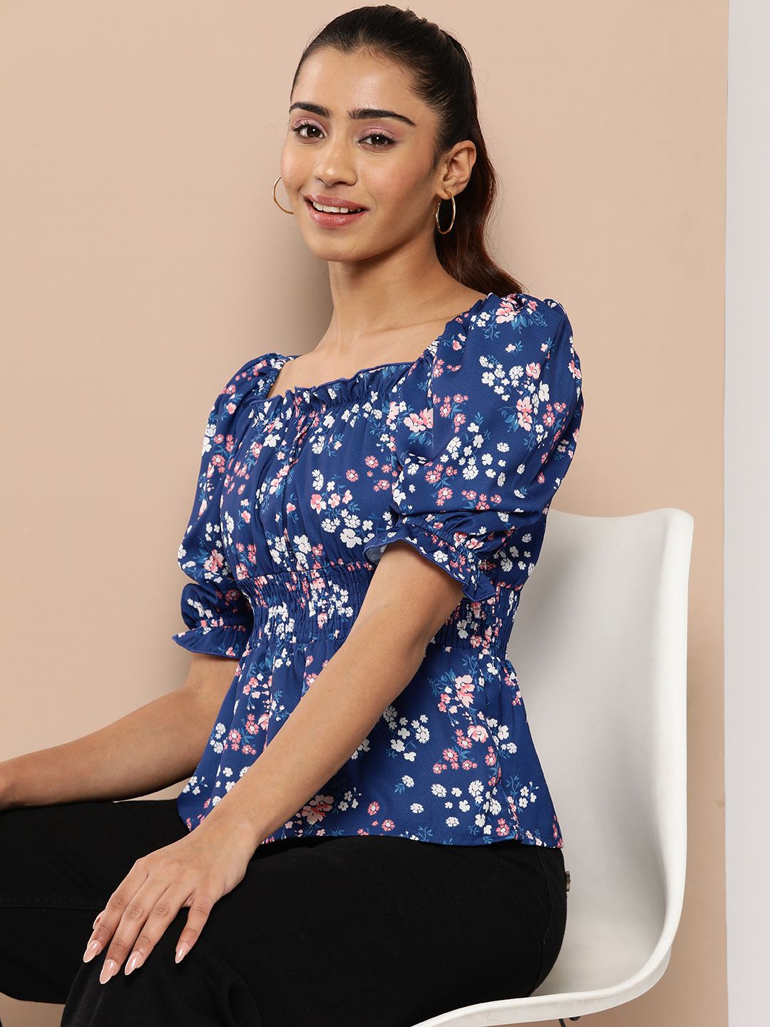 HERE&NOW Floral Print Puff Sleeves Top Price in India