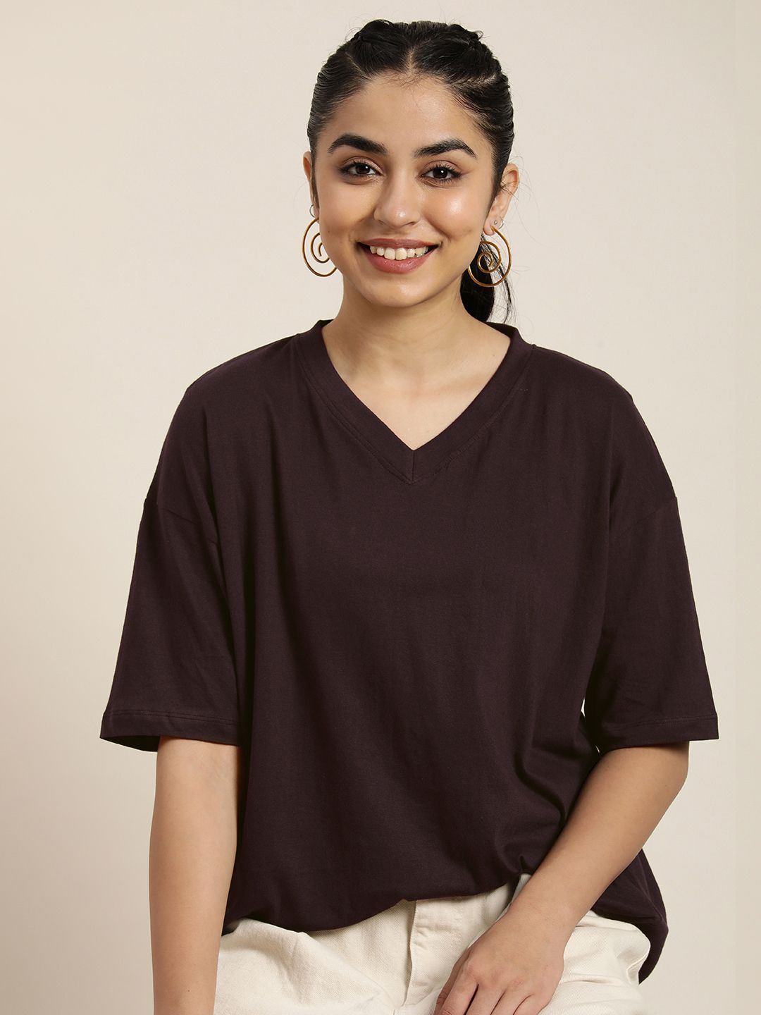 HERE&NOW Women Solid V-Neck Drop-Shoulder Sleeves Pure Cotton Oversized T-shirt