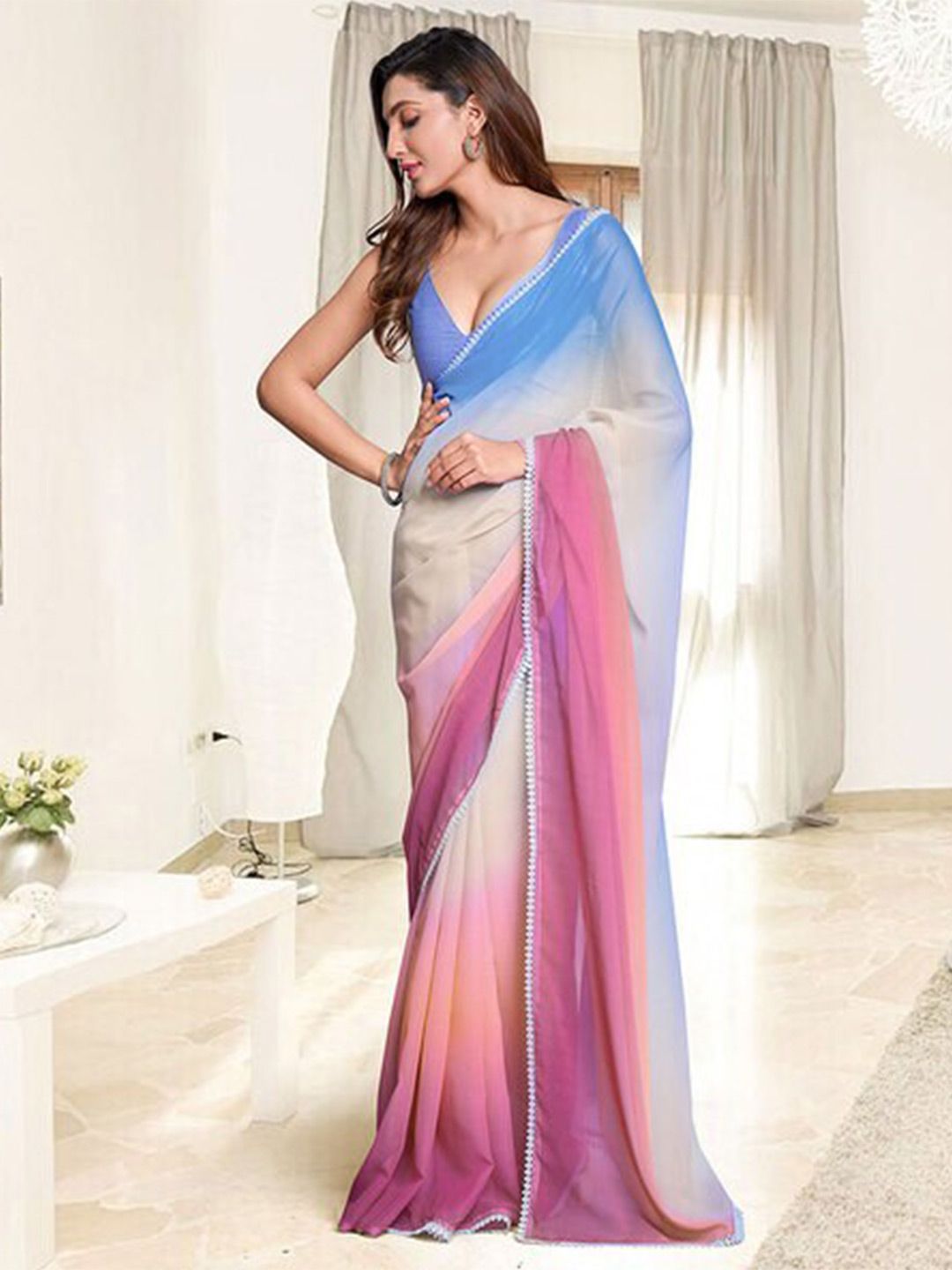 B4ME.COM Ombre Dyed Pure Georgette Saree Price in India