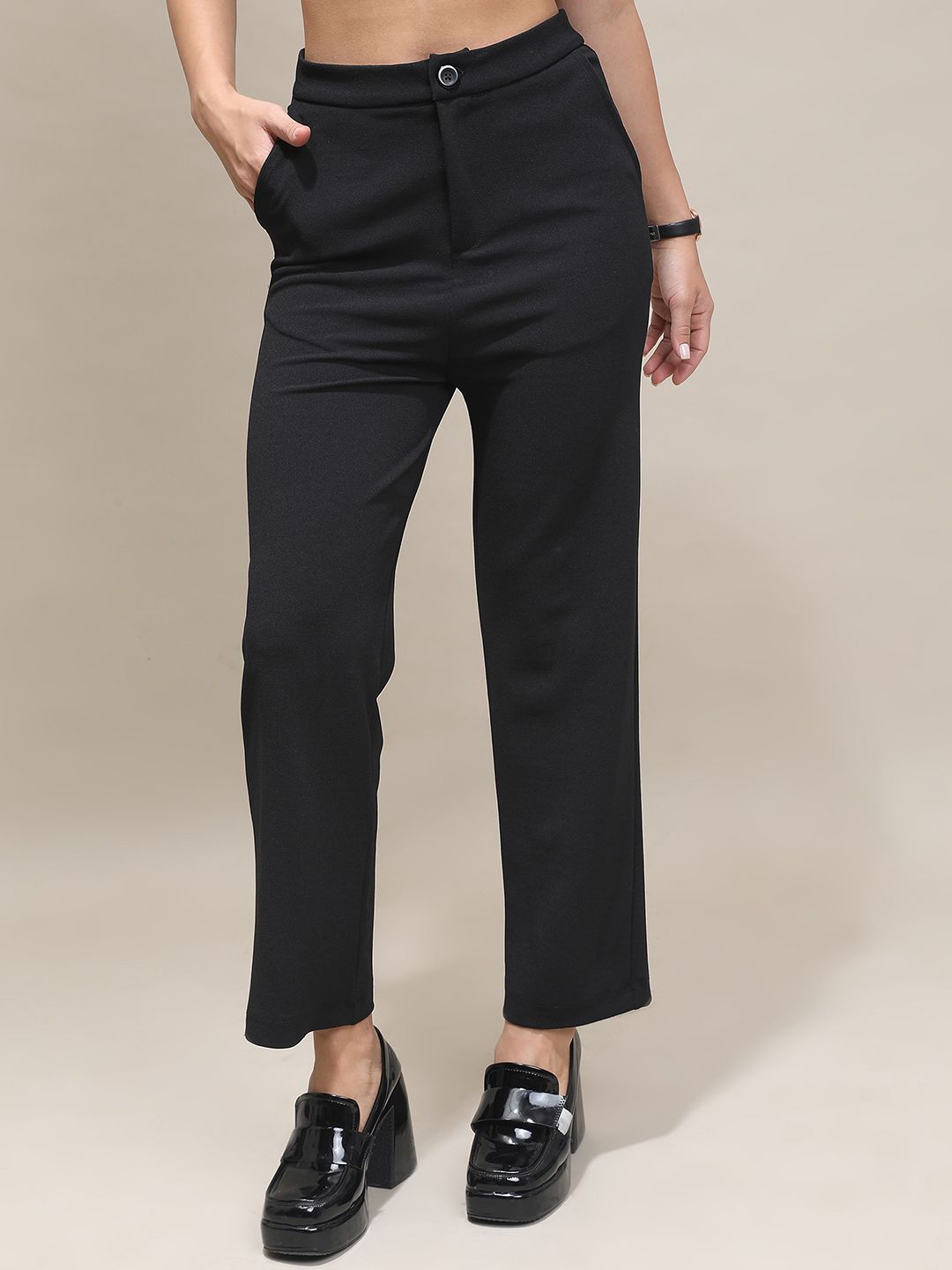 Tokyo Talkies Women Plain Flat-Front Mid-Rise Trousers Price in India