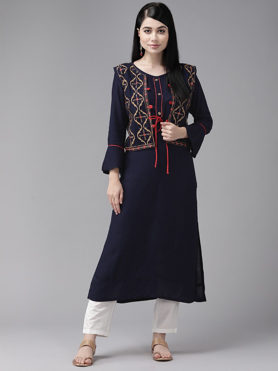 Aarika Women Solid Bell Sleeves Cotton Kurta with Embroidered Jacket