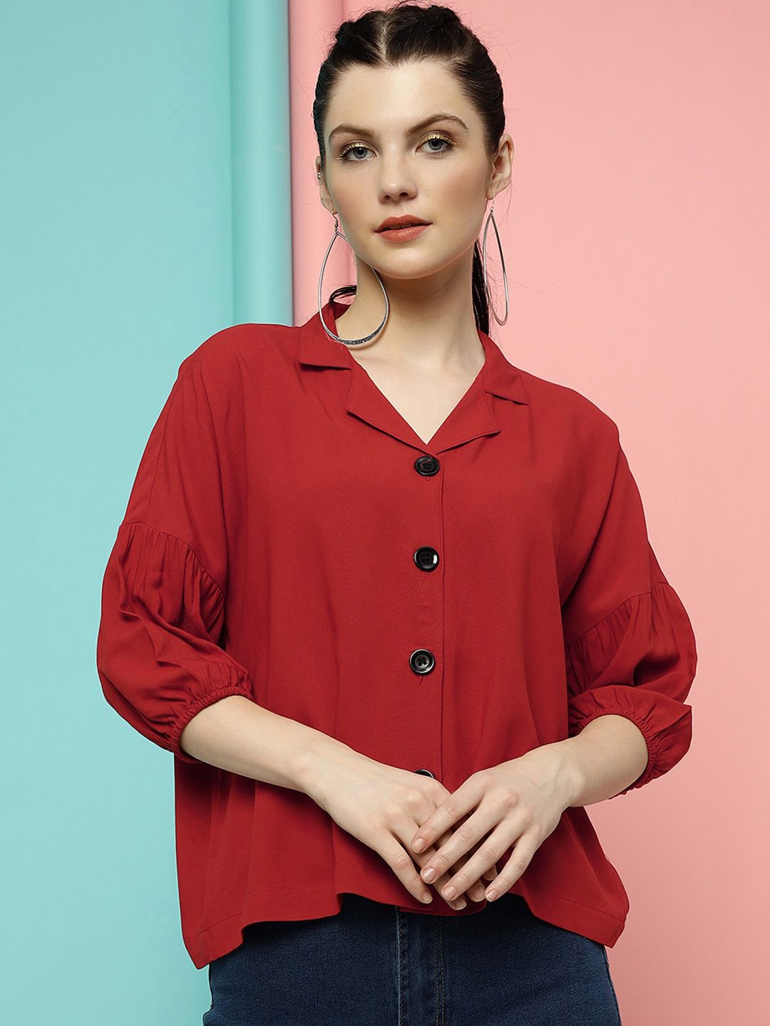 CLEMIRA Puff Sleeves Shirt Style Top Price in India