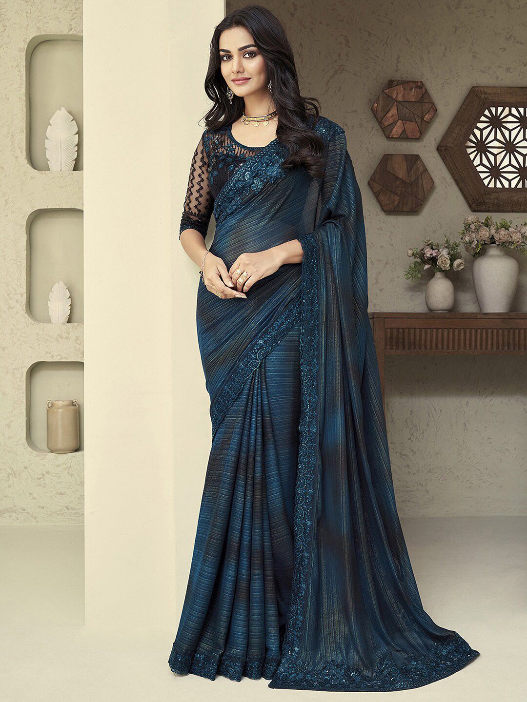 Mitera Teal Striped Embroidered Pure Georgette Saree Price in India