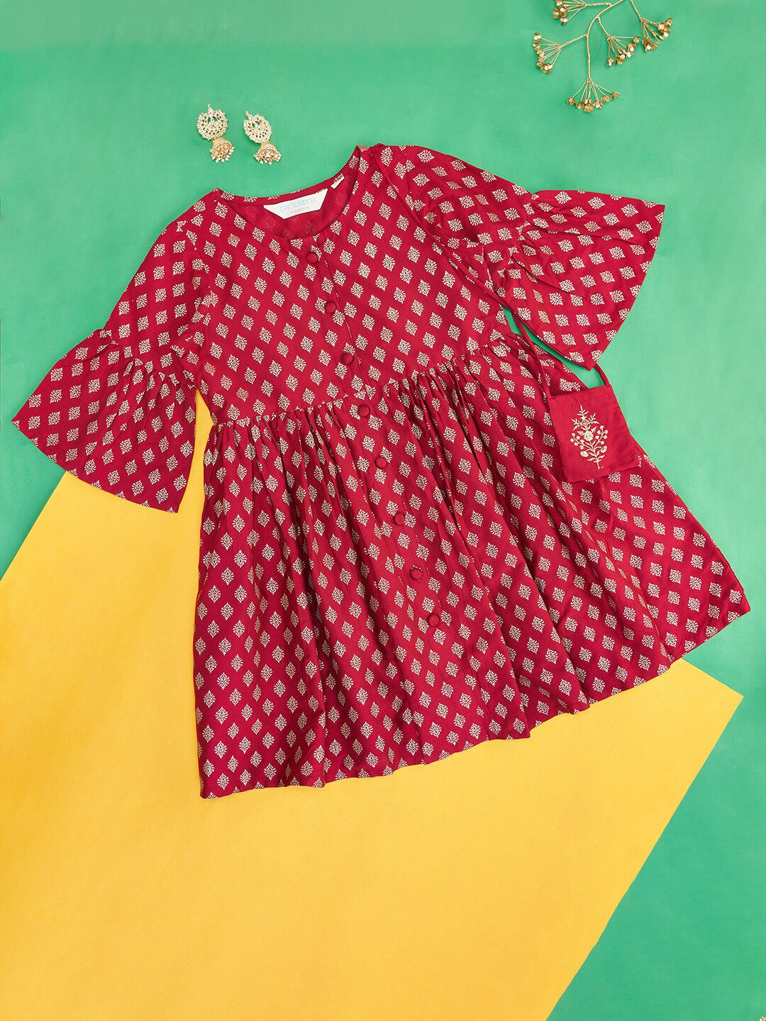 AKKRITI BY PANTALOONS Girls Ethnic Motifs Printed Flared Sleeves Gathered A-Line Dress