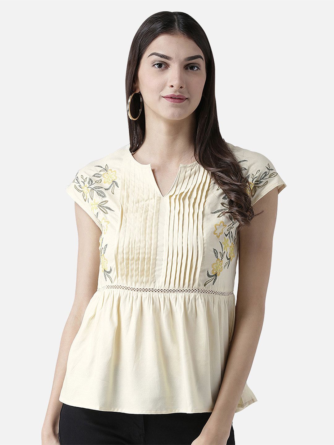 109F Floral Embroidered V-Neck Extended Sleeves Pleated Detail Peplum Top Price in India