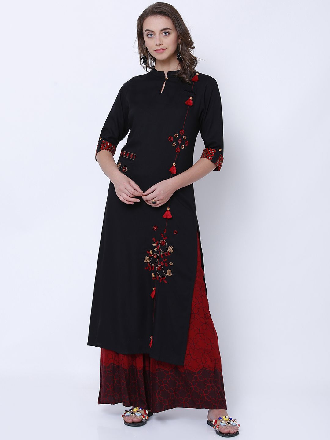 Vishudh Women Black Woven Design Straight Kurta Price in India