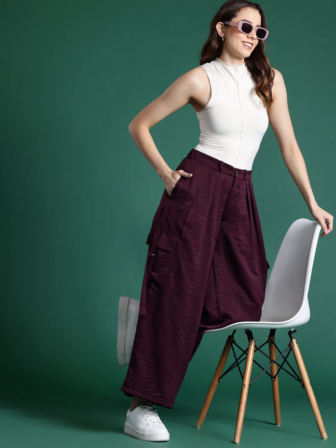 DressBerry Women Mid-Rise Cargo Style Wide Leg Trousers Price in India