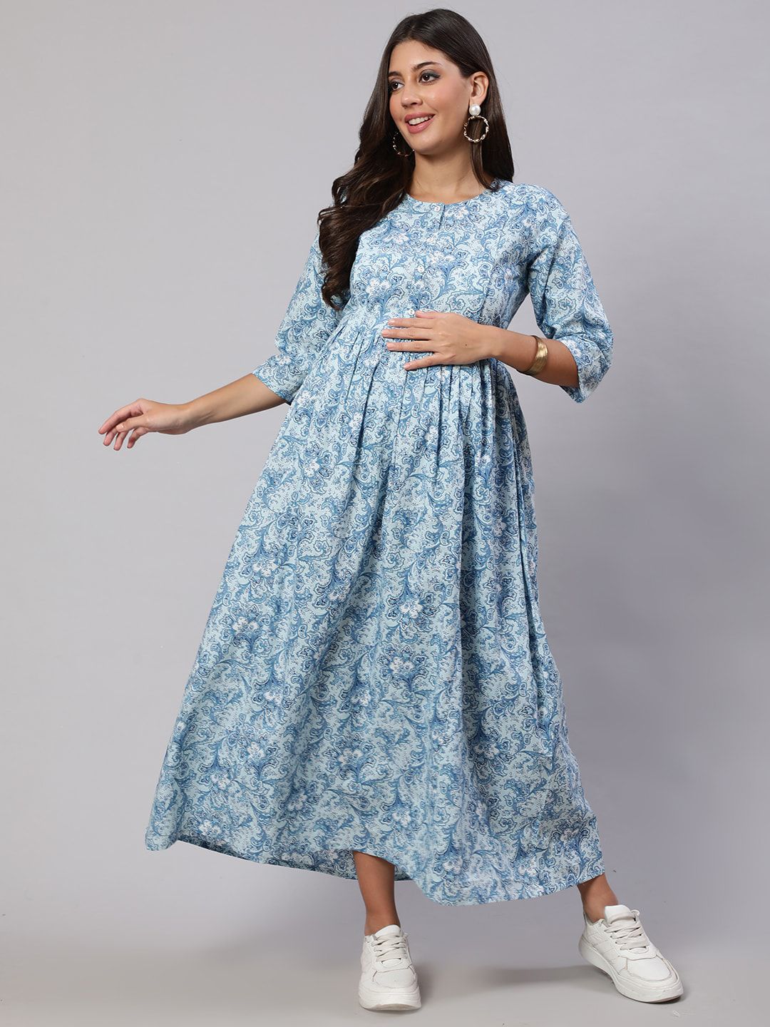 Nayo Floral Printed Gathered Maternity Fit & Flare Dress Price in India
