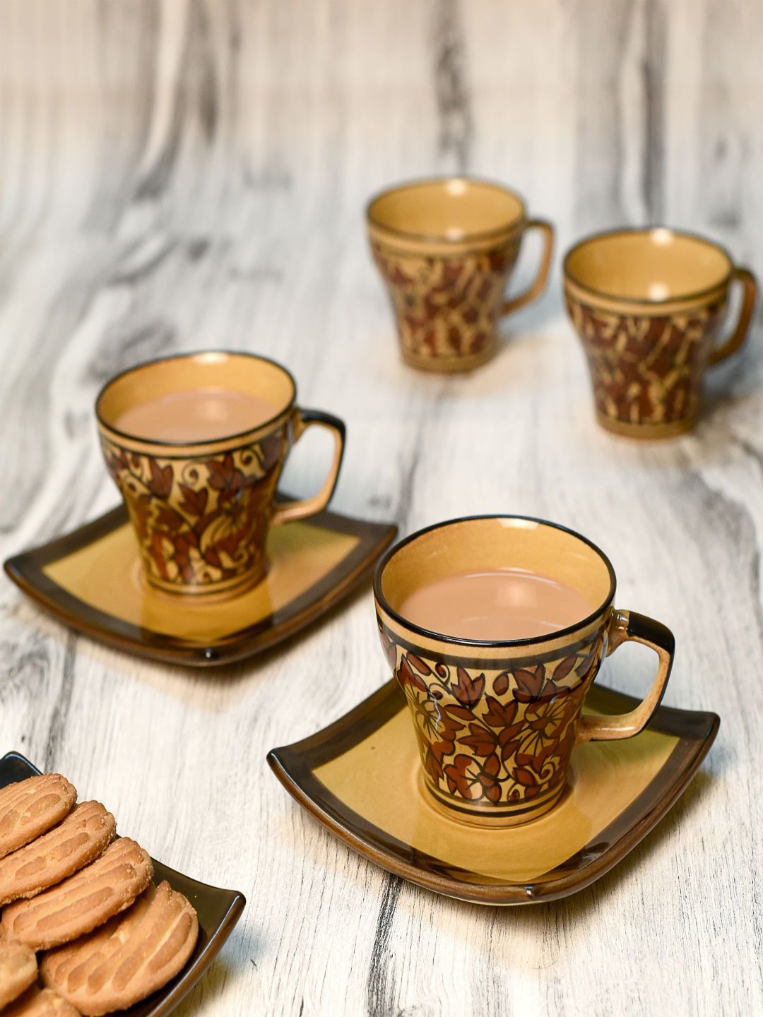 Unravel India Brown 6-Pieces Printed Stoneware Cups and Saucers Set Price in India