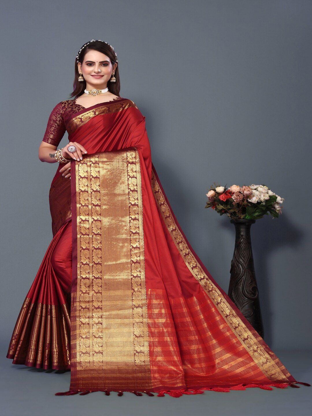 Paramparik Textile Red & Gold-Toned Zari Silk Cotton Banarasi Saree Price in India