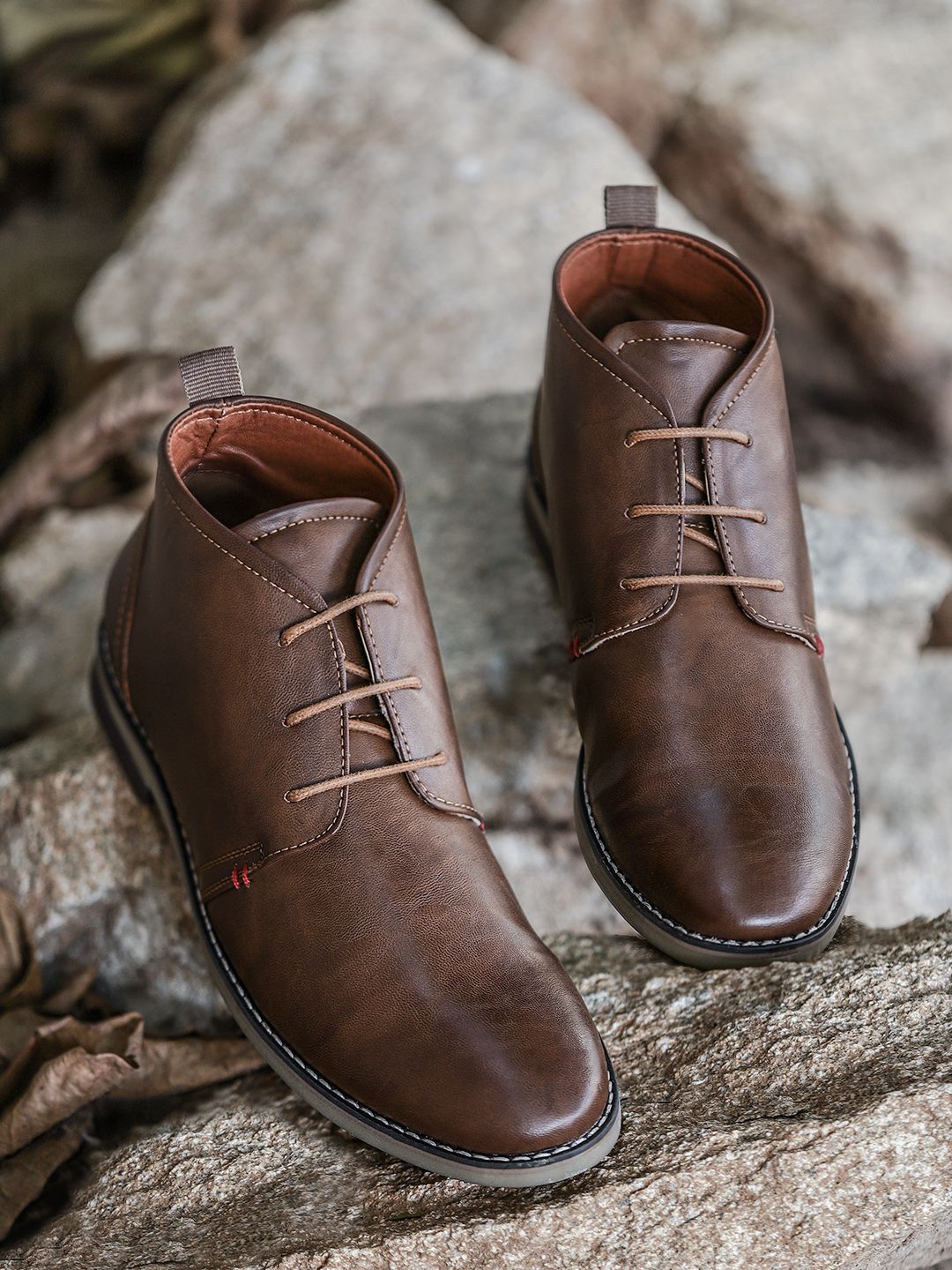 Roadster Men Tan Brown Solid Synthetic Mid-Top Flat Boots