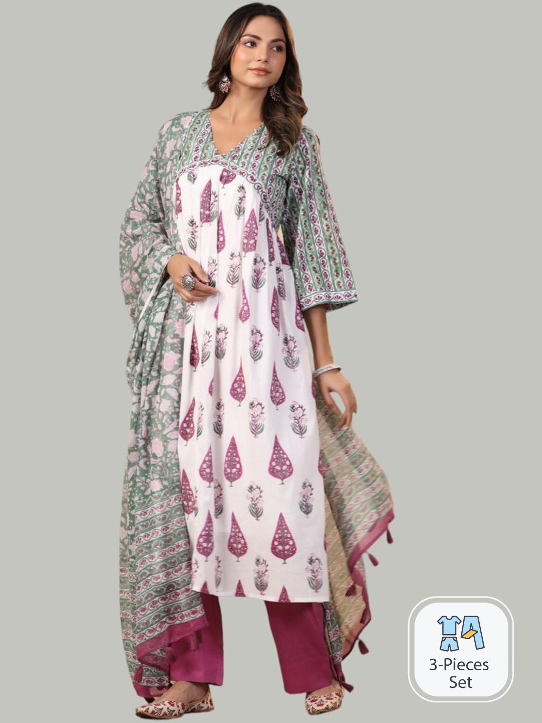 Shuddhi Ethnic Motifs Printed Empire Pure Cotton Kurta With Trousers & Dupatta Price in India