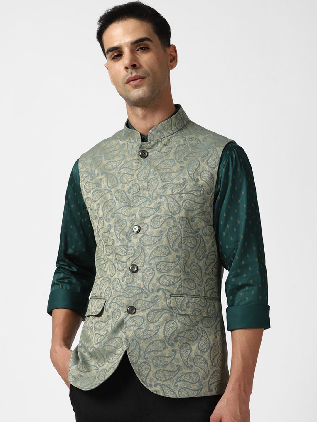 Peter England Elite Paisley Printed Mandarin Collar Nehru Jackets