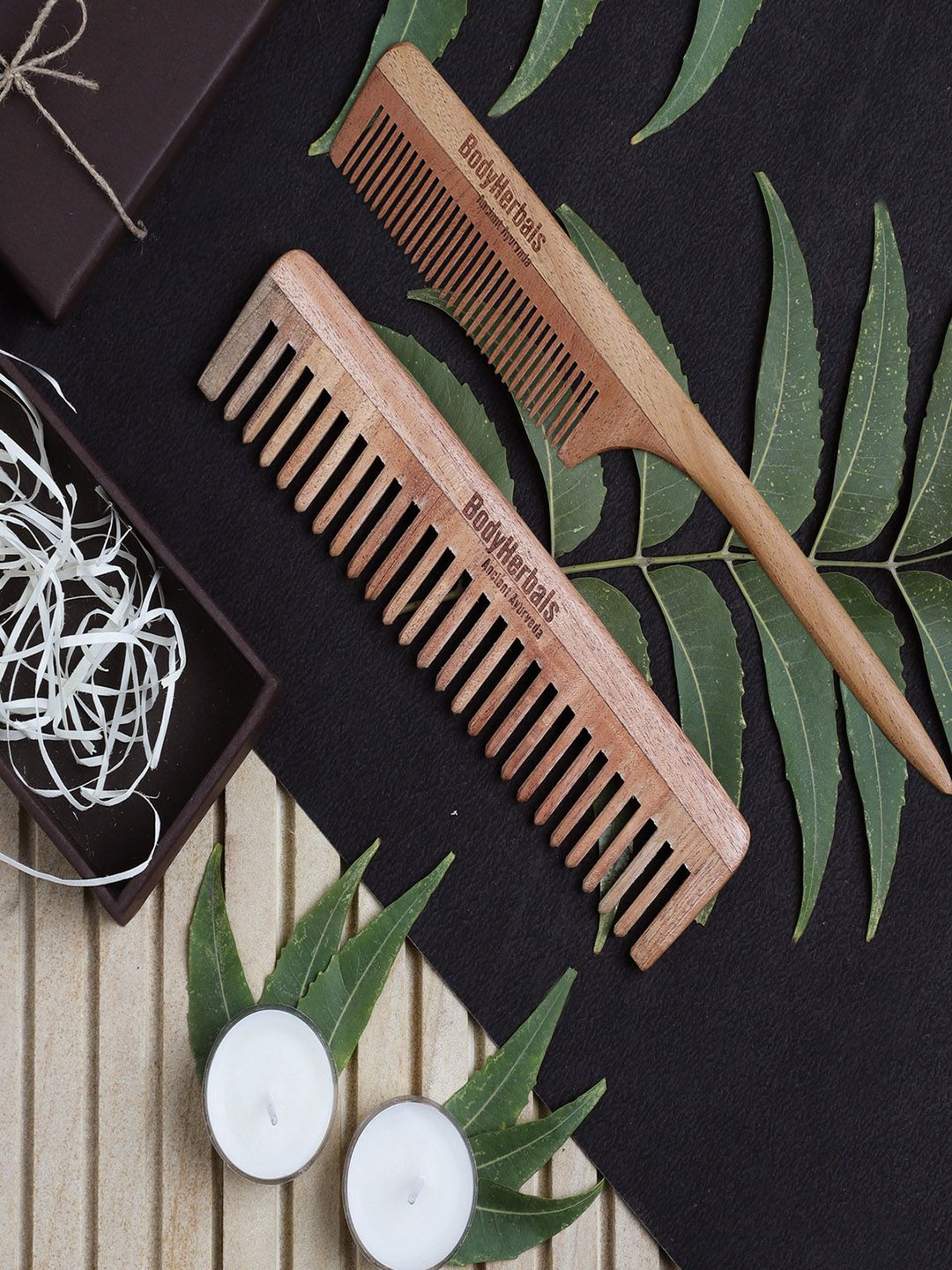 BodyHerbals Set Of 2 Anti Static Handmade Neem Wood Wide Tooth Comb and Tail Comb