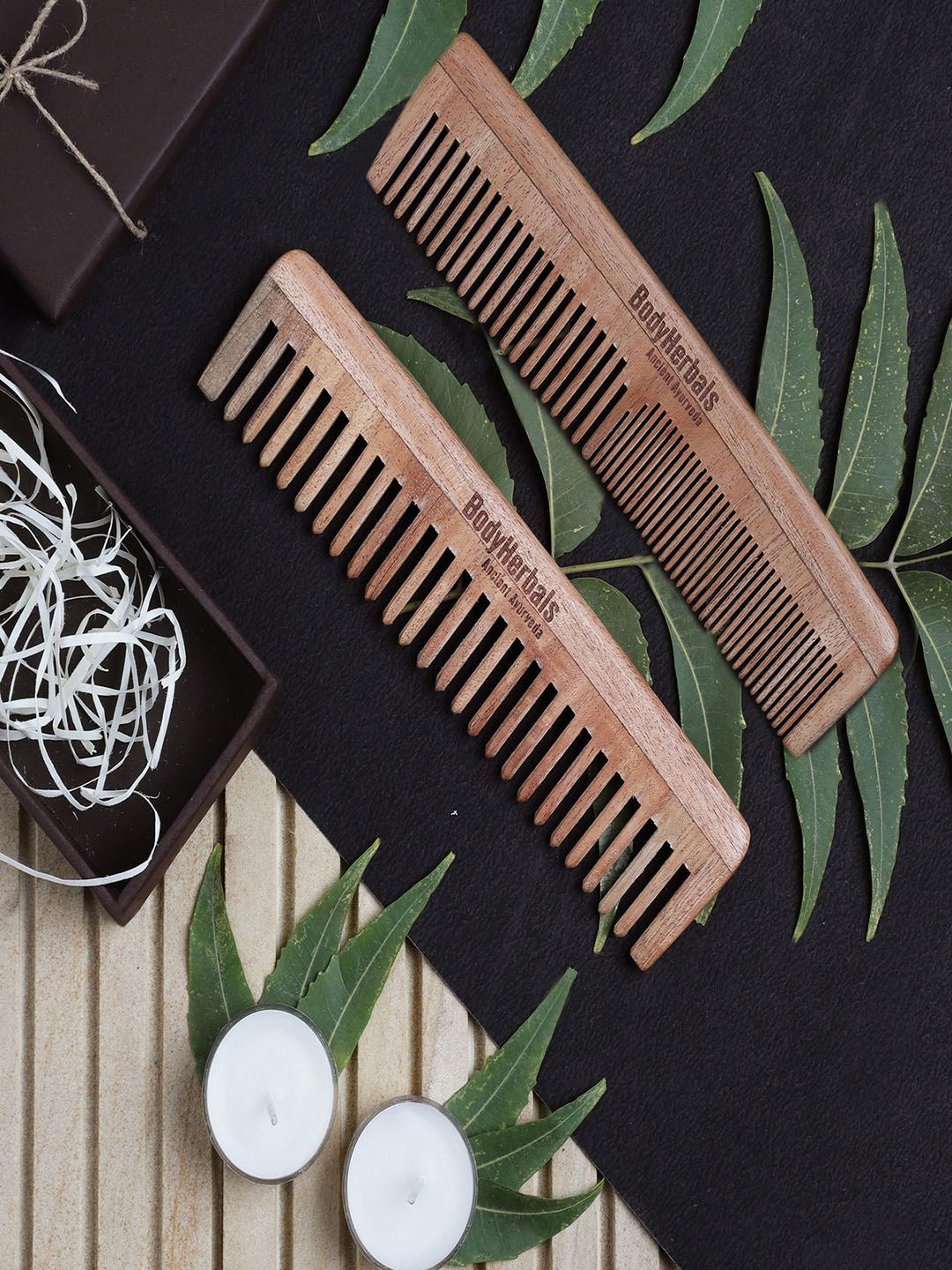 BodyHerbals Set Of 2 Anti Static Handmade Neem Wood Double Tooth & Wide Tooth Comb