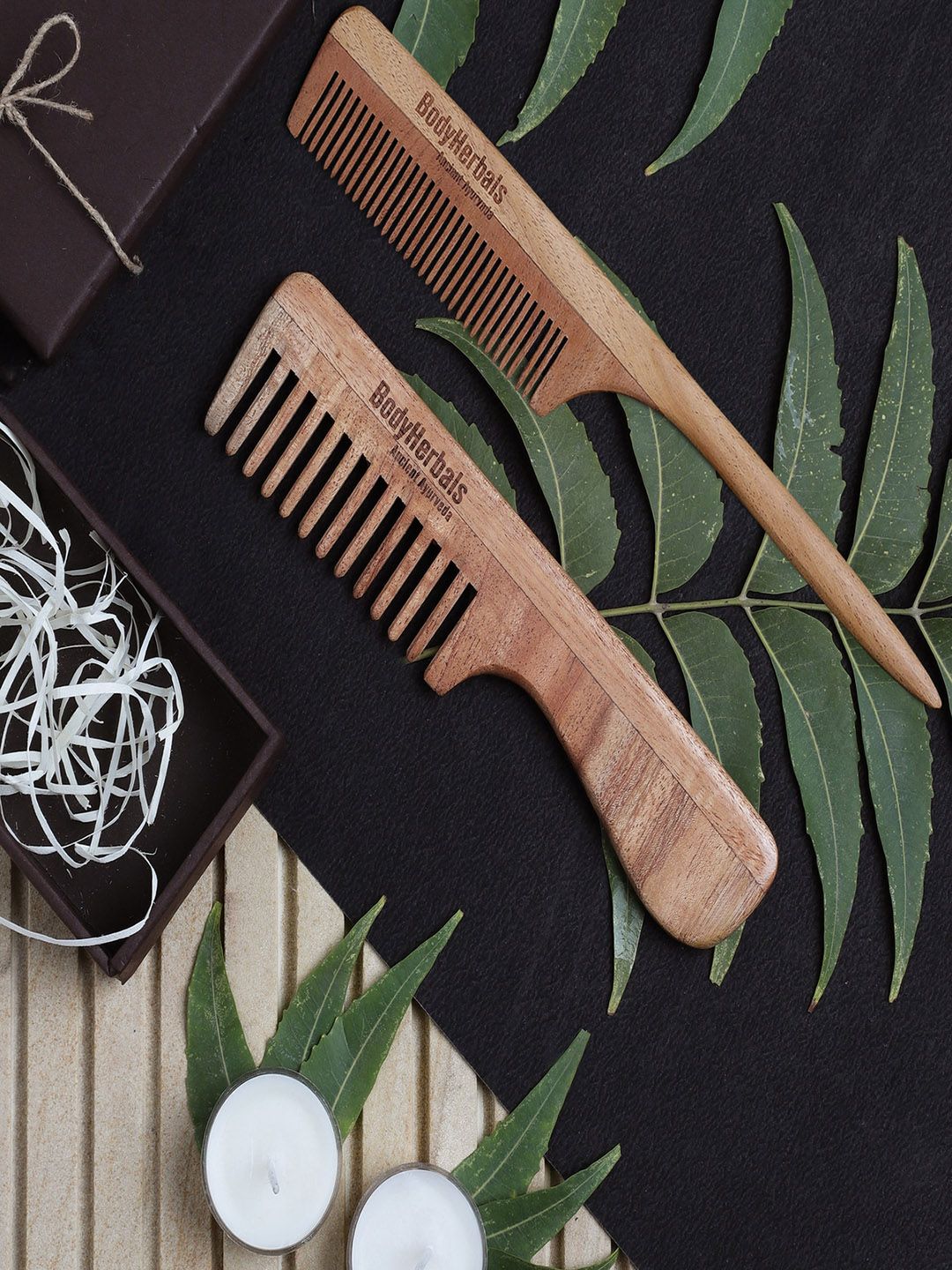 BodyHerbals Set Of 2 Anti Static Handmade Neem Wood Handle Rake & Tail Comb