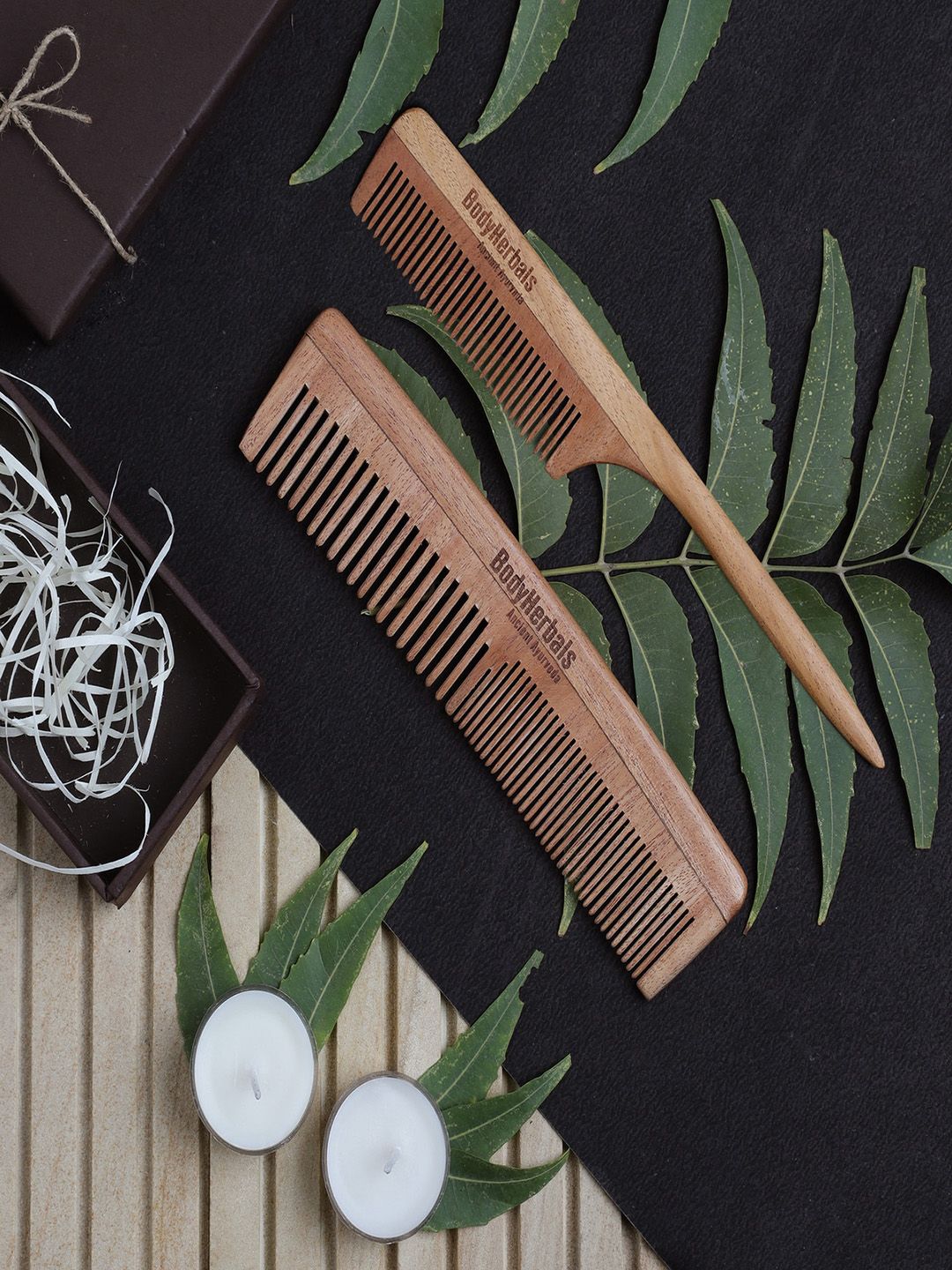 BodyHerbals Set Of 2 Anti Static Handmade Neem Wood Double Tooth Comb & Tail Comb