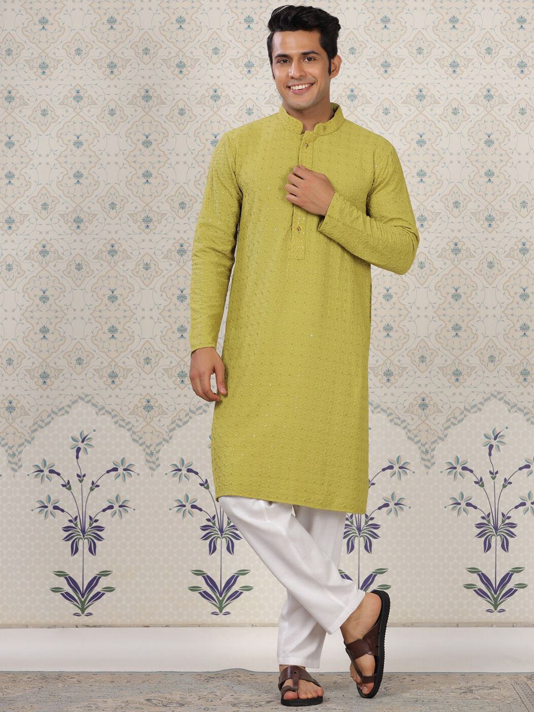 House of Pataudi Mandarin Collar Floral Embroidered Chikankari Straight Kurta