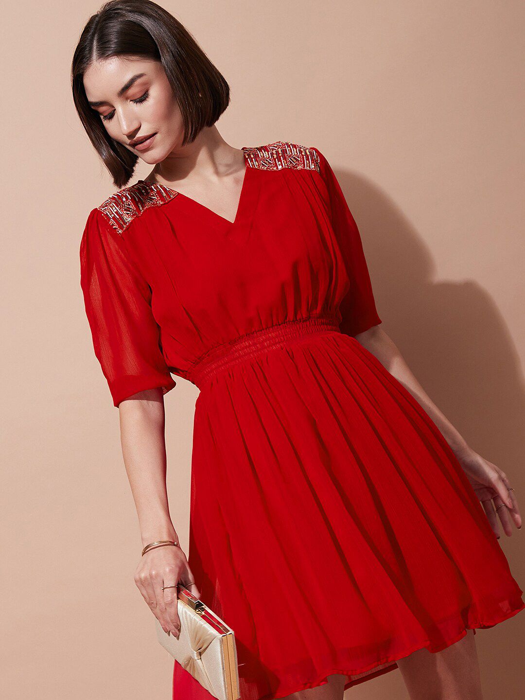 DressBerry Red Puffed Sleeves Sequined Georgette Fit & Flare Dress Price in India
