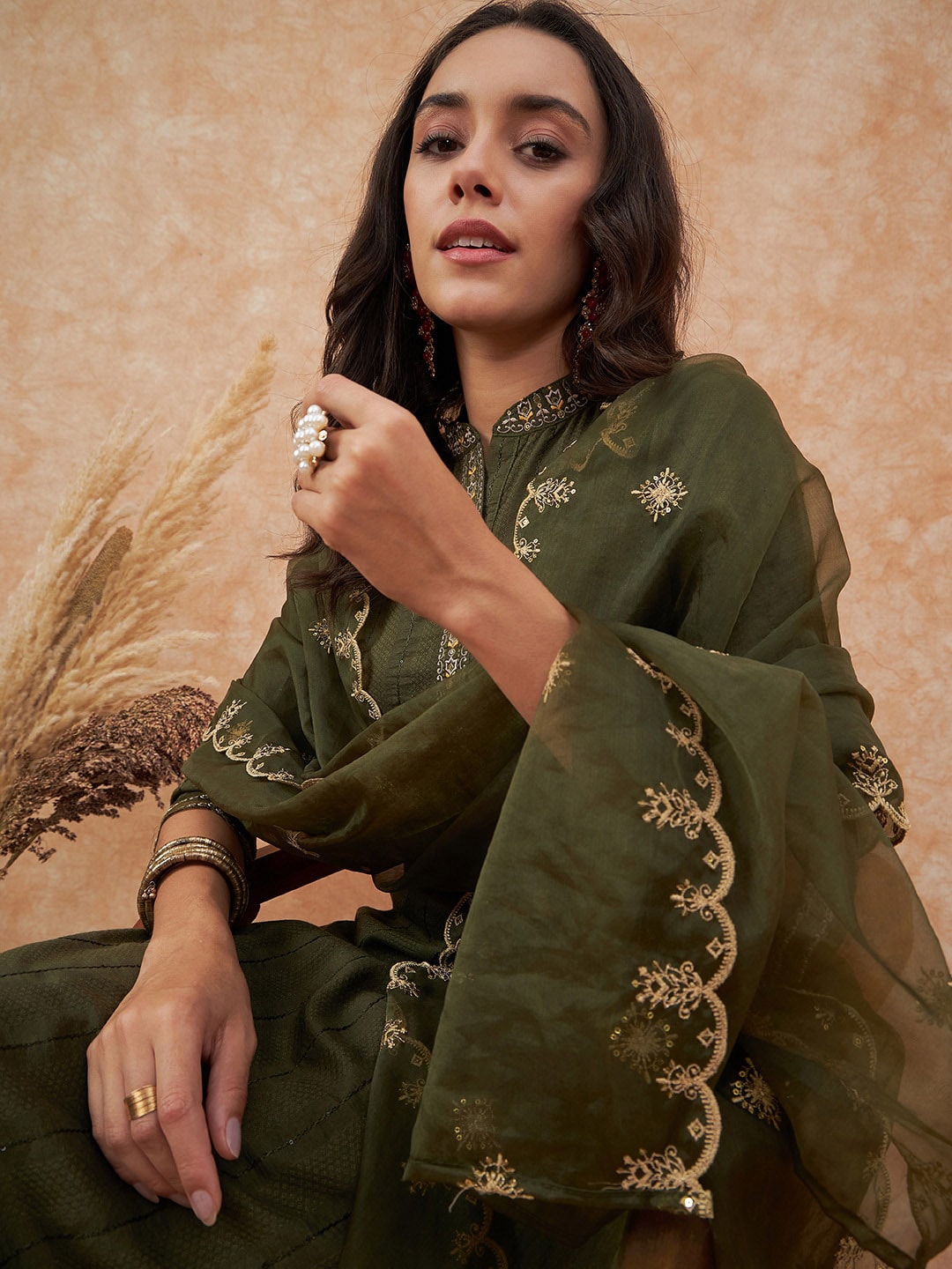 Sangria Olive Floral Embroidered Silk Straight Kurta With Trouser & Dupatta Set Price in India