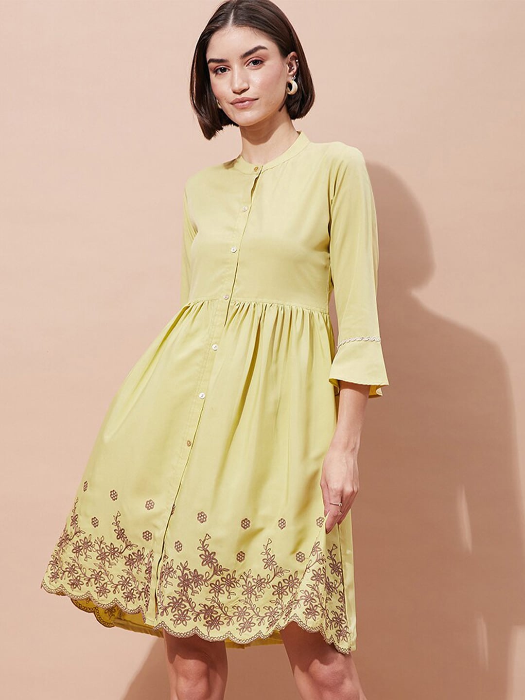 DressBerry Yellow Floral Print Bell Sleeve Crepe Fit & Flare Dress Price in India