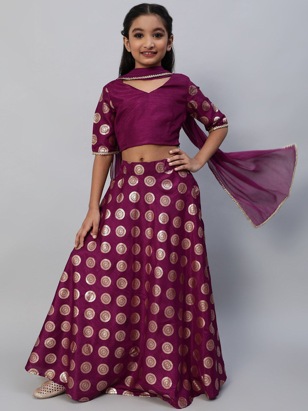 Aks Kids Girls Purple & Gold-Toned Printed Ready to Wear Lehenga & Blouse With Dupatta Price in India