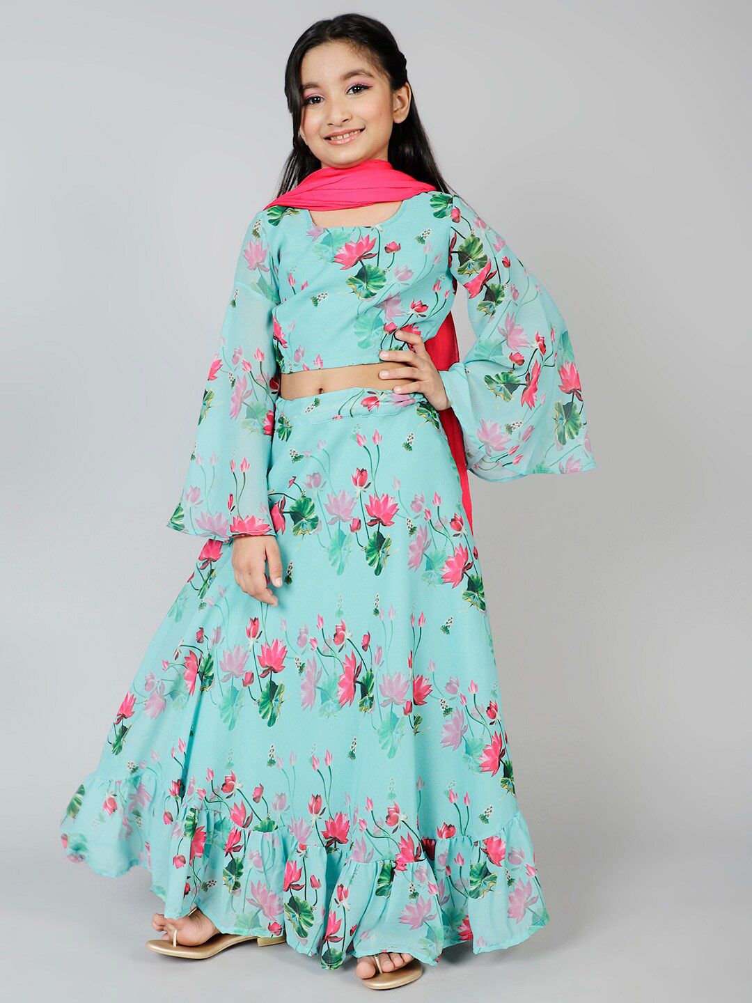 Aks Kids Girls Blue & Red Printed Ready to Wear Lehenga & Blouse With Dupatta Price in India