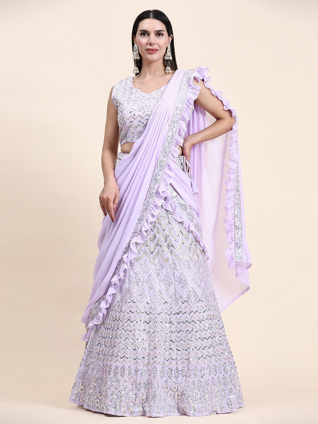 HERE&NOW Embroidered Sequinned Ready to Wear Lehenga & Blouse With Dupatta Price in India