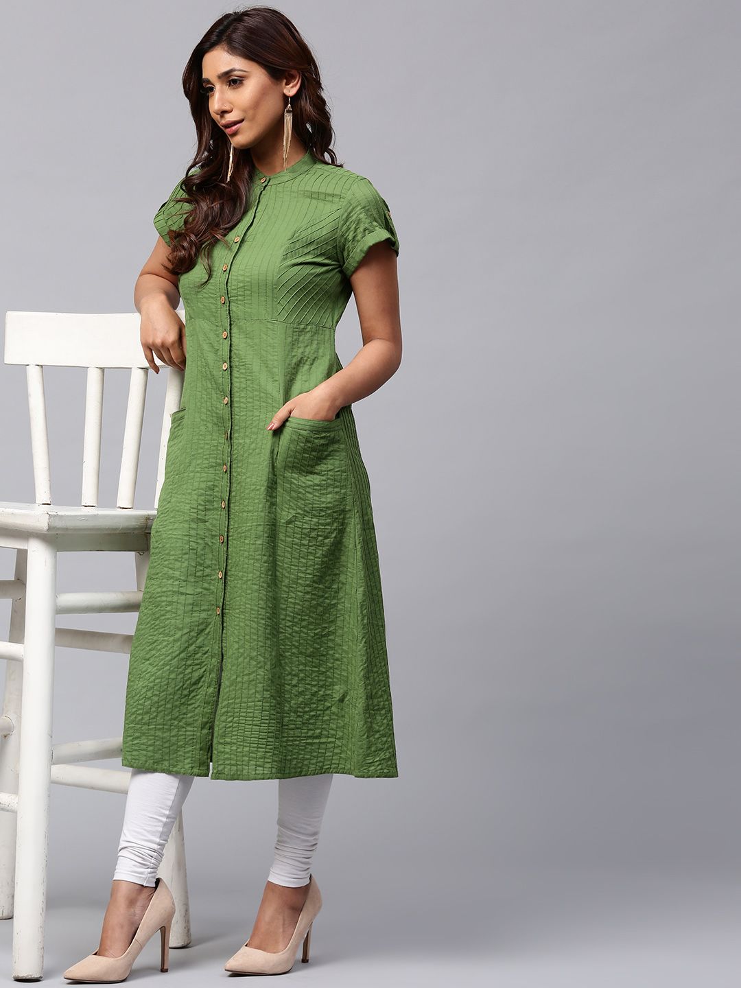 Jaipur Kurti Women Green Self-Striped A-Line Kurta Price in India
