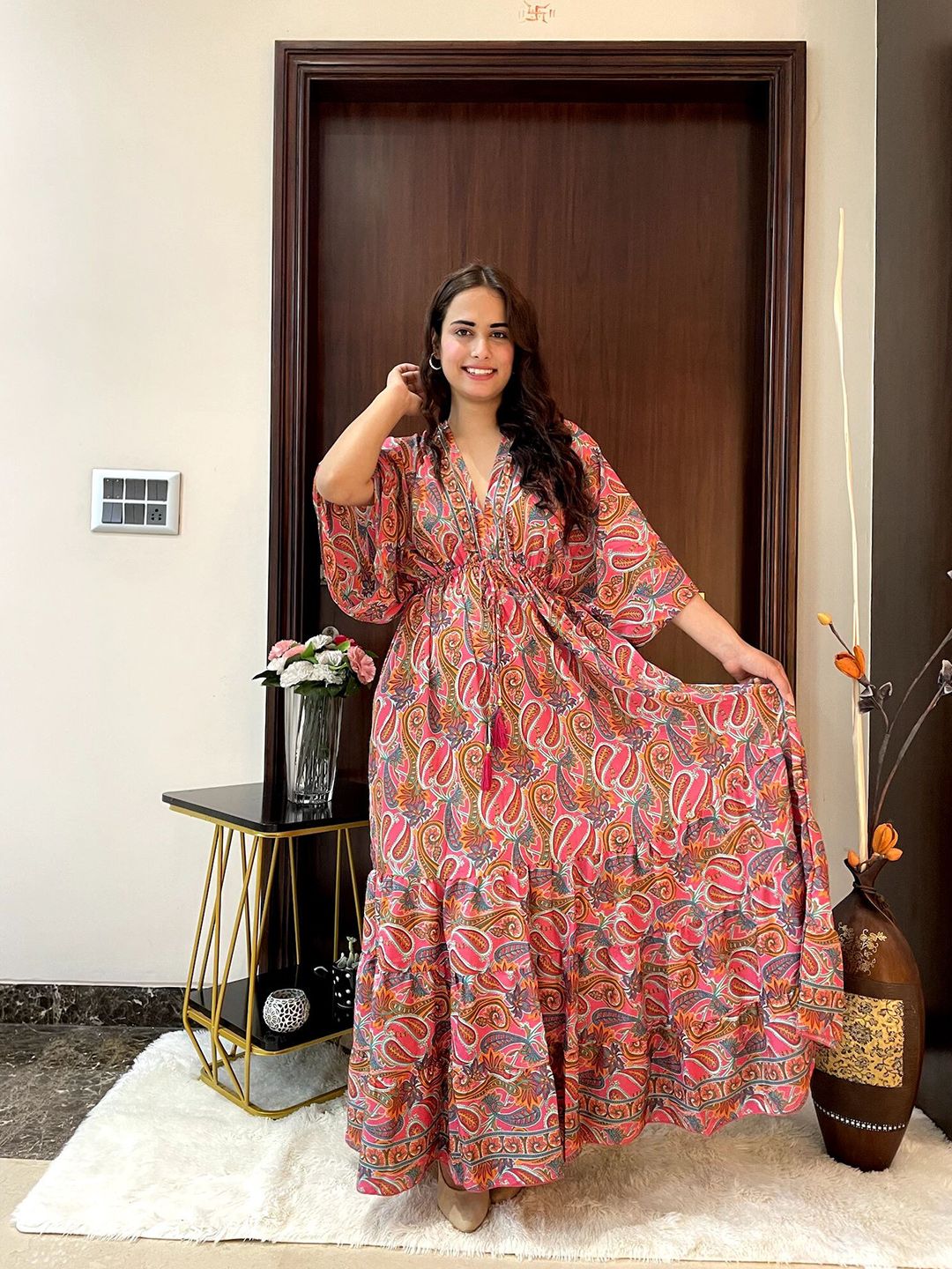 smisingbee Floral Printed V-Neck Extended Sleeves Tiered Maxi Dress Price in India