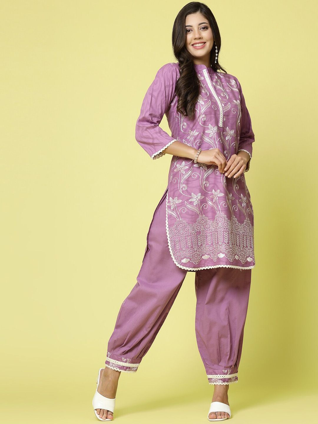 Clora Creation Floral Embroidered Regular Pure Cotton Kurta With Salwar Price in India