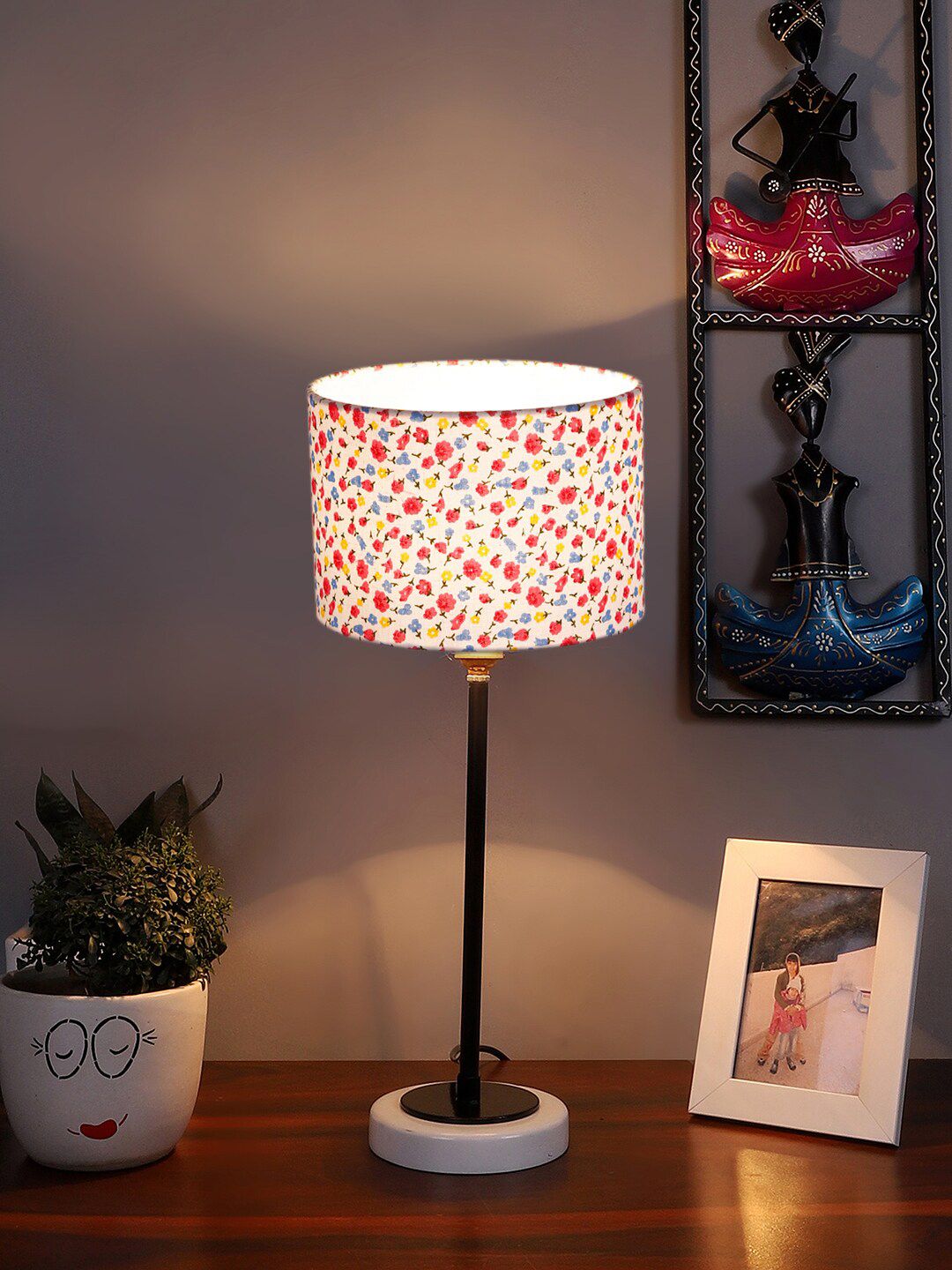 Devansh Warm Yellow Wood Cylinder Printed High Quality Electrical Table Lamps