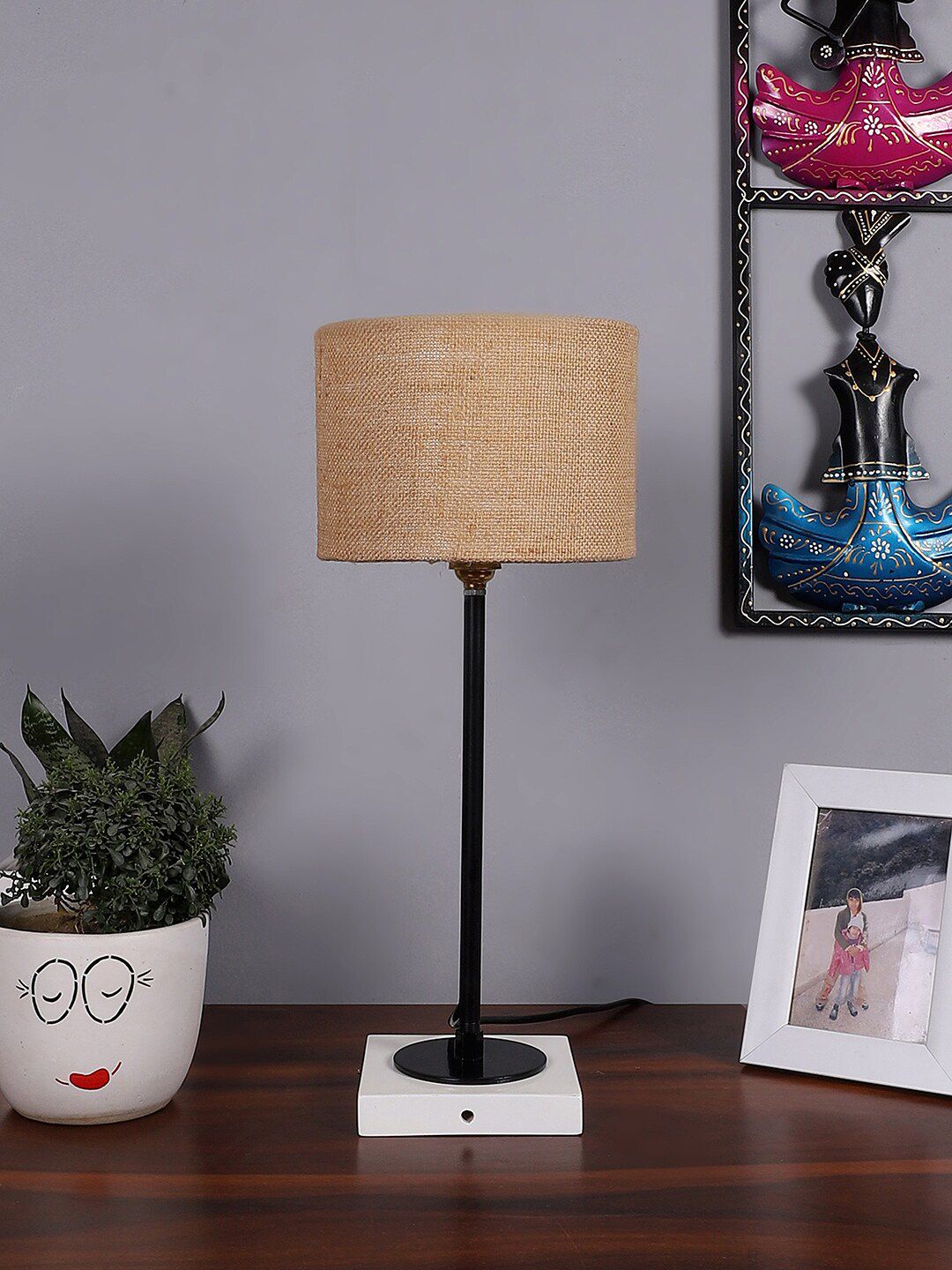 Devansh Beige Textured Cotton Table Lamp With Wooden Base