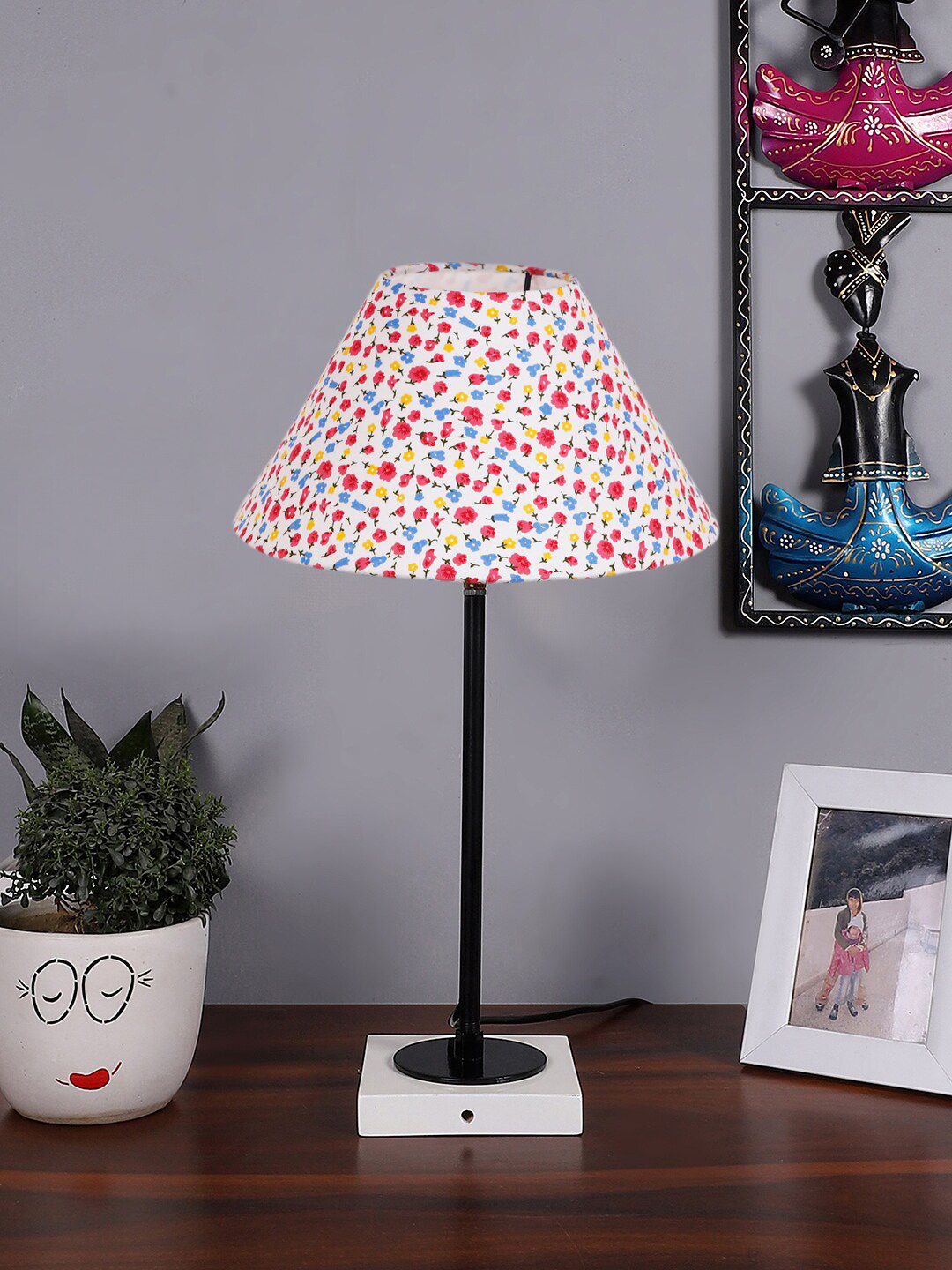 Devansh Floral Printed Cotton Table Lamp With Wooden Base