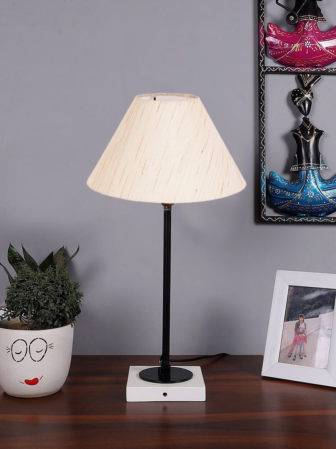Devansh Off-White & Black Printed Wooden Table Lamp With Cotton Shade